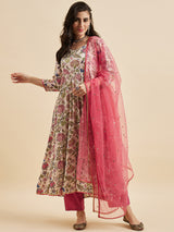 Floral Printed Anarkali Kurta With Palazzo & Dupatta Set