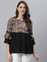 Black and Beige Abstract Printed Gathered Top