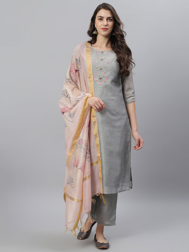 Grey Solid Embroidered Side Slit Straight Kurta Palazzo and Dupatta Set