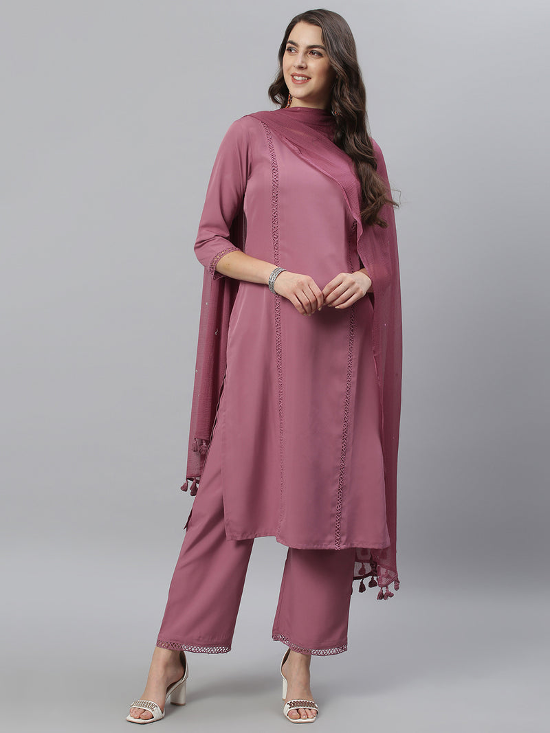 Mauve Solid Side Slit Straight Kurta Palazzo and Duapatta Set