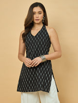 Azira Cotton Printed Sleeveless Tunic | V Halter Neck | Smocked Back