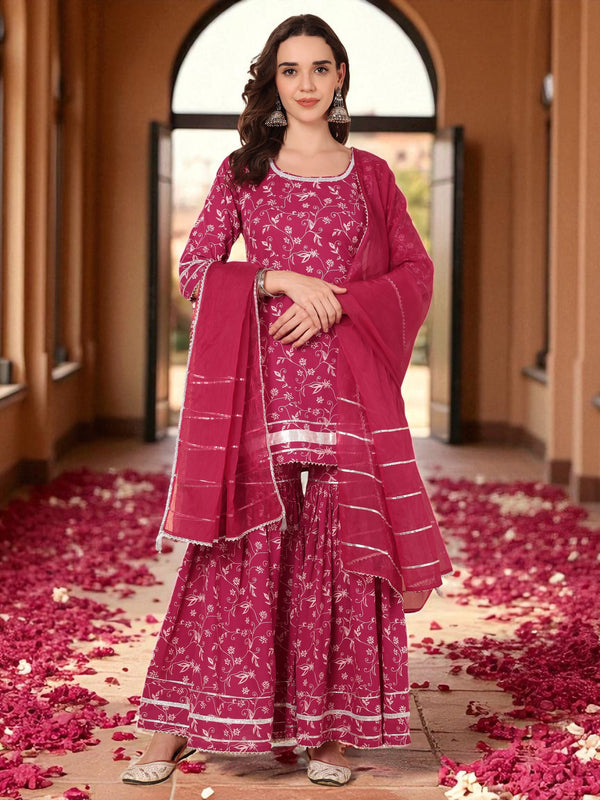 Pink Floral Printed Kurtas With Sahara & Dupatta Set