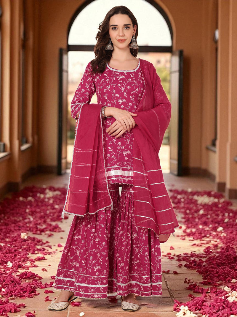 Pink Floral Printed Kurtas With Sahara & Dupatta Set