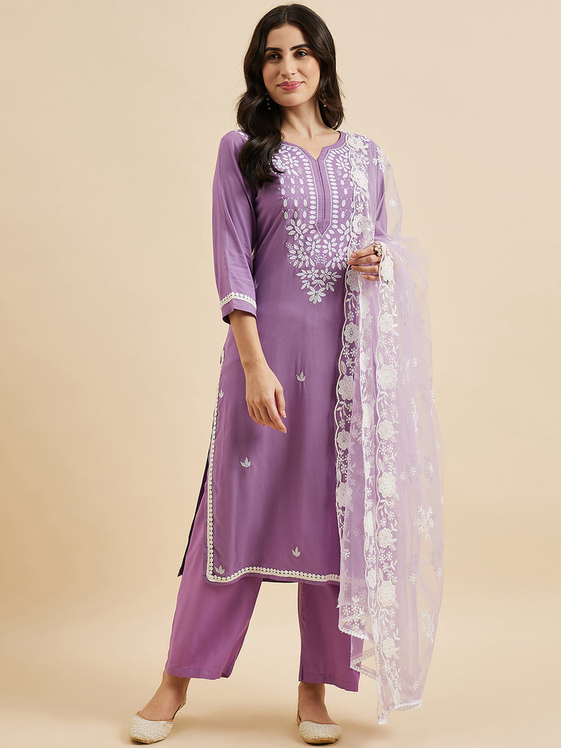 Embroidered Kurta With Palazzo & Dupatta