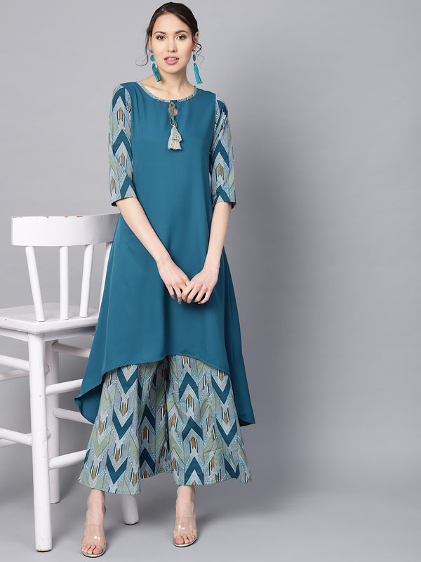 Blue Solid Crepe Kurta With Palazzo Set