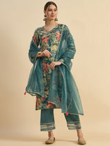 Floral Printed Kurta With Palazzo & Dupatta Set