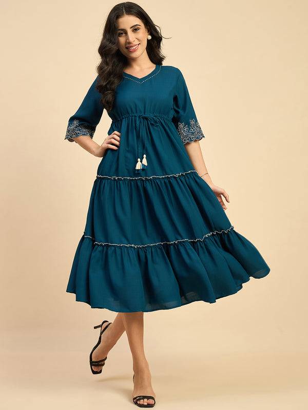 Blue Solid Embroidered Flared Dress