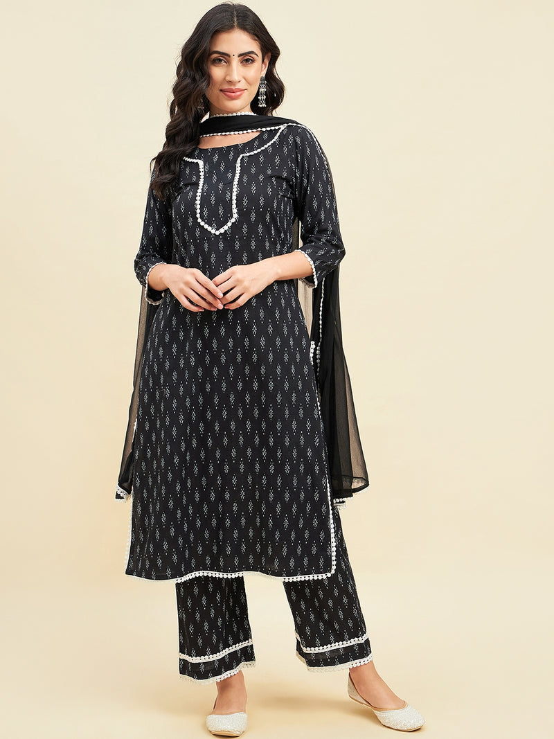 Black Cotton Straight Calf Length Kurta With Palazzo Dupatta Set