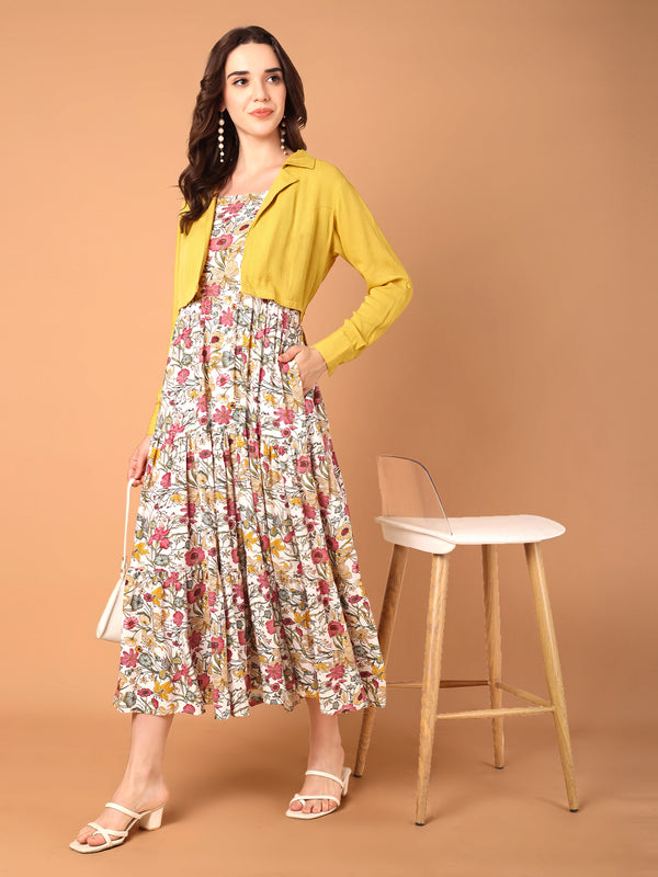 Floral Printed Flared Dress With Solid Jacket