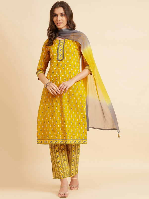 Yellow Cotton Straight Calf Length Kurta With Palazzo & Dupatta Set