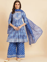 Blue Cotton Flared Kurta With Palazzo & Dupatta Sharara Set