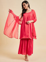 Solid Straight knee Length Kurta With Sharara And Dupatta Set