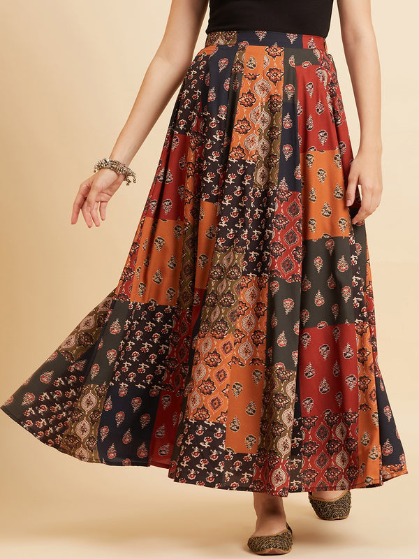 Crepe Printed Flared Maxi Skirt