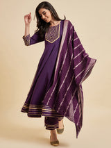 Purple Panelled Kurta With Palazzo And Dupatta Set