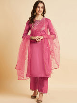 Pink embroidered Calf Length Kurta With Palazzo & Dupatta Set