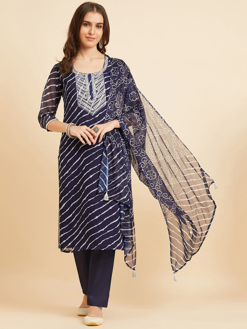 Blue Georgette Leheriya Kurta With Palazzo & Dupatta Set