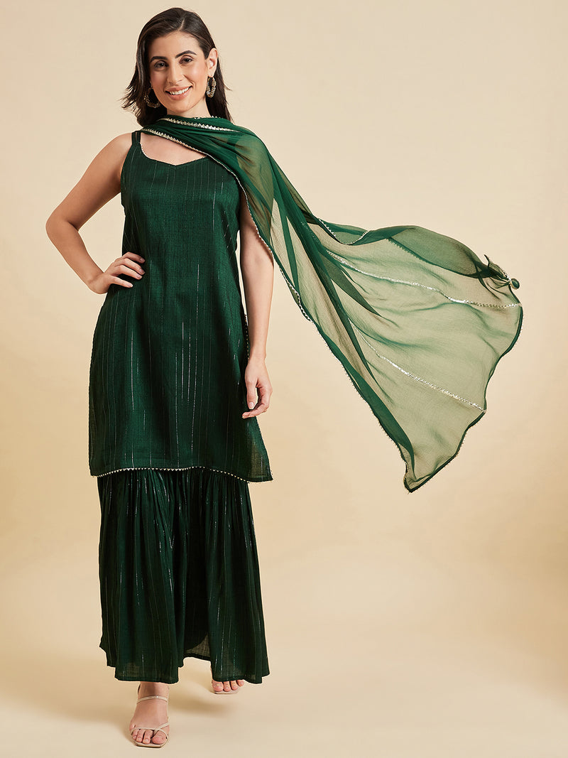 Solid Green Straight Knee Length Kurta With Sharara And Dupatta Set