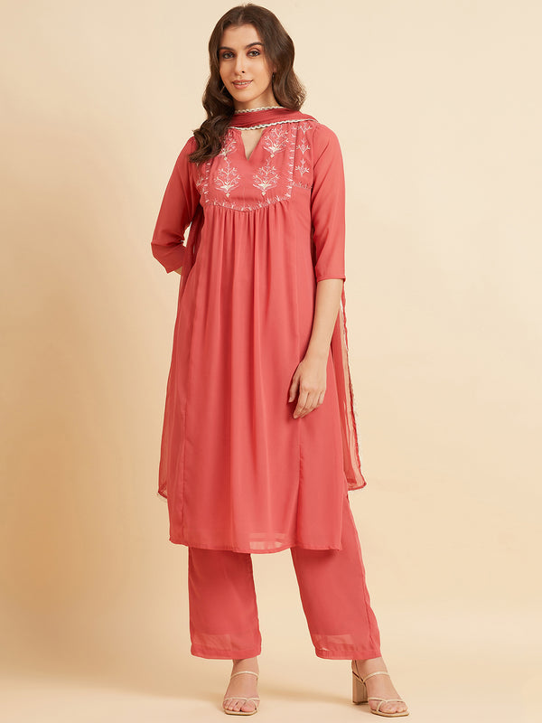 Pink Georgette Straight Calf Length Kurta With Palazzo & Dupatta Set