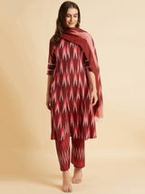 Maroon Cotton A-Line Calf Length Kurta With Palazzo & Dupatta Set