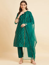 Green Straight Calf Length Kurta With Palazzo & Dupatta Set