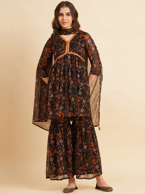 Black Chiffon Flared Kurta With Palazzo & Dupatta Set