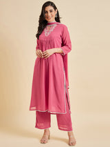 Embroidered Georgette Straight Calf Length Kurta With Palazzo And Dupatta