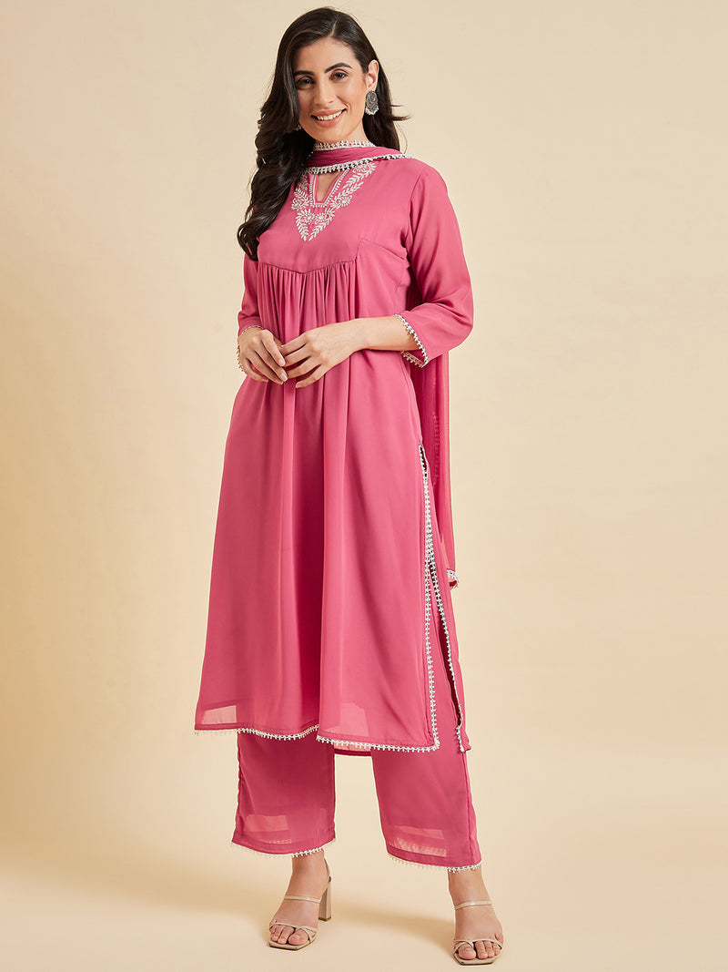 Embroidered Georgette Straight Calf Length Kurta With Palazzo And Dupatta