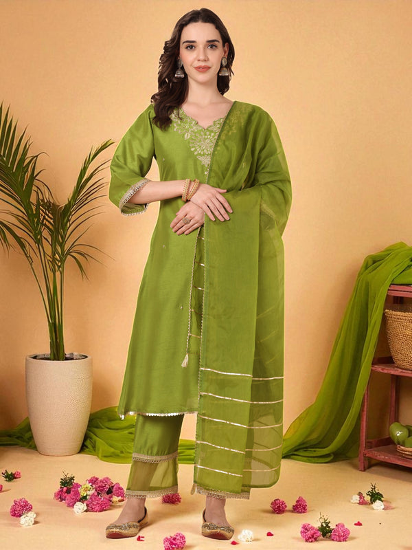 Embroidered Kurta With Palazzo & Dupatta Set