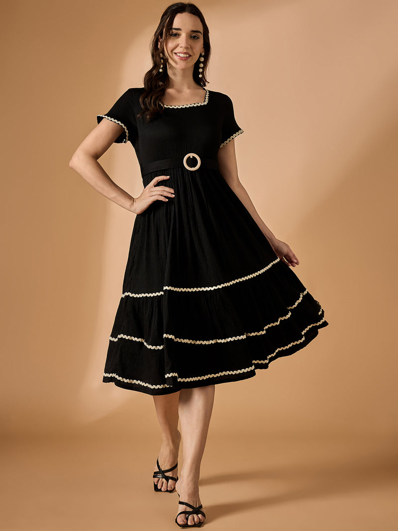 Black Solid Fit & Flared Dress