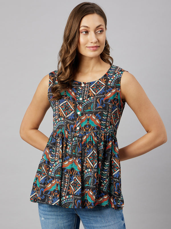 Motif Printed Sleeveless Peplum Top