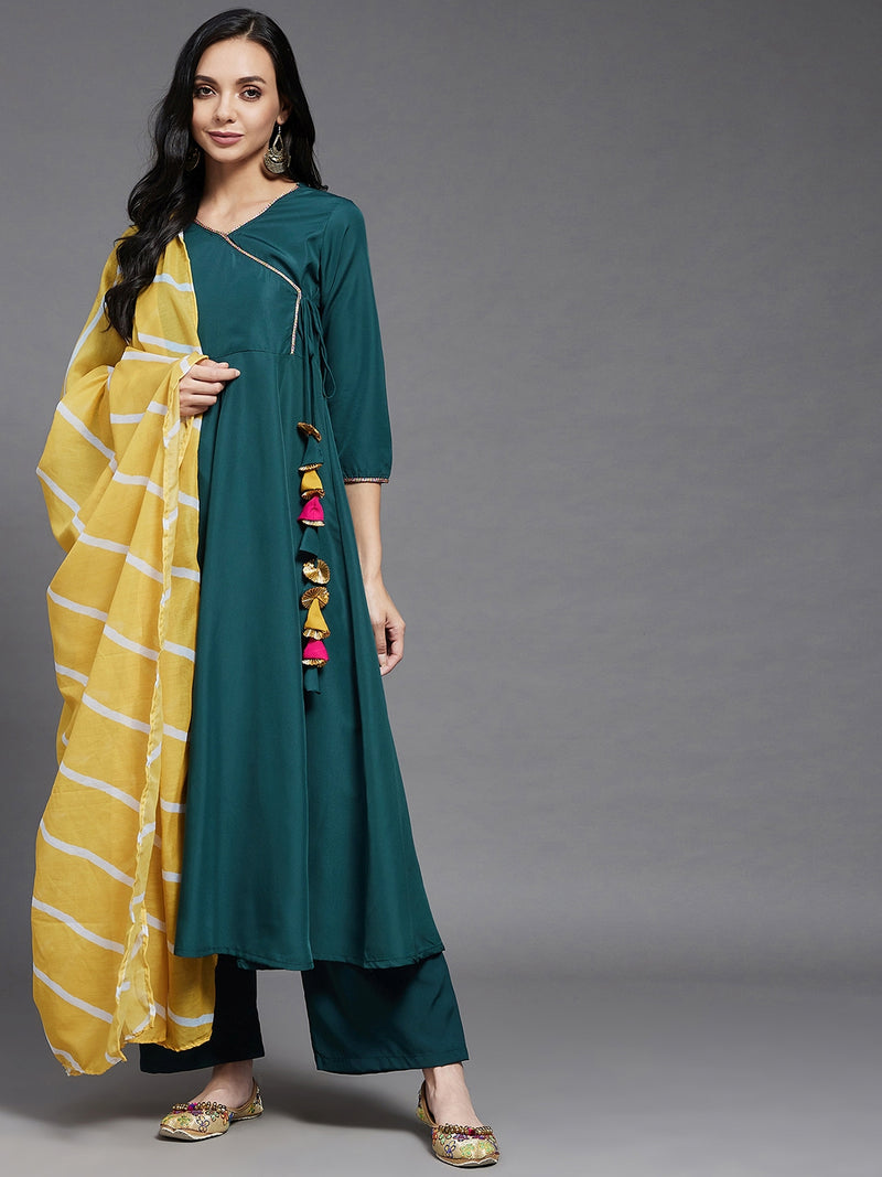 Green Solid Angrakha Kurta With Dupatta & Palazzo