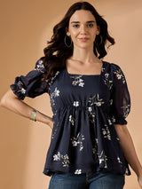 Blue Floral Printed Empire Top