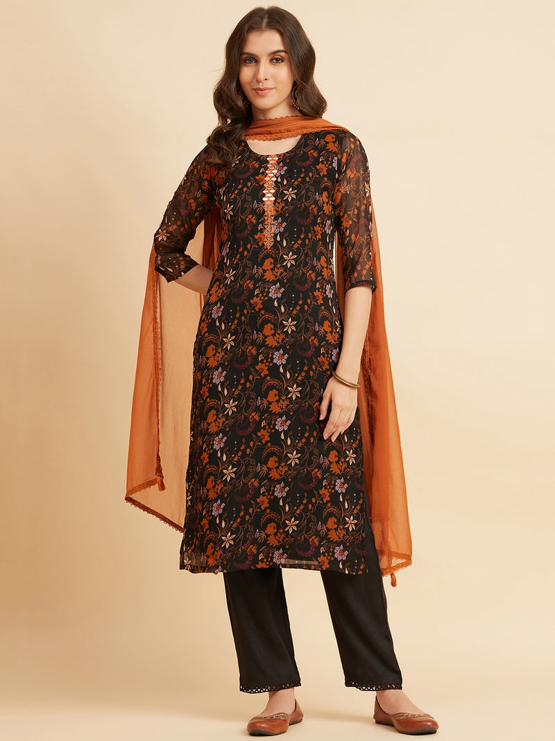 Black Chiffon Straight Calf length Kurta With Palazzo & Dupatta Set