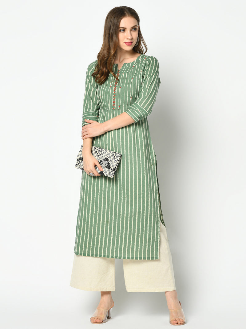 Green Striped Embroidered Side Slit Straight Kurta