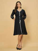 Azira Rayon Soild V-Neck Embroidery Midi Dress