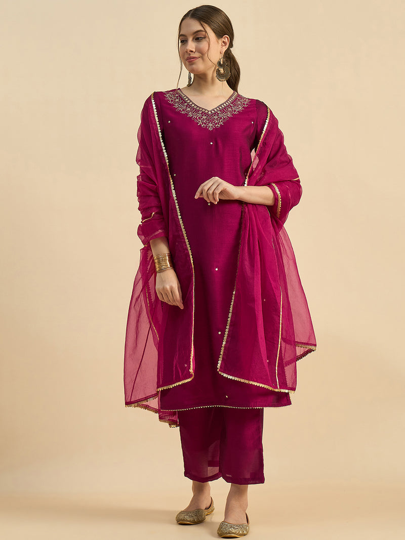 Solid Embroidered Straight Kurta With Palazzo & Dupatta Set