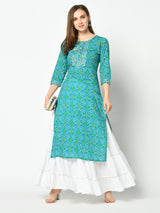 Green and White Bandhani Printed Side Slit Kurta and Flared Skirt Set