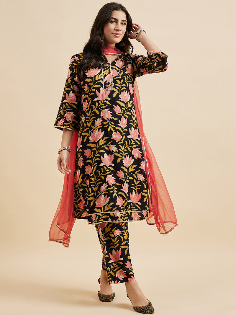 Floral Printed Kurta With Palazzo & Dupatta Set