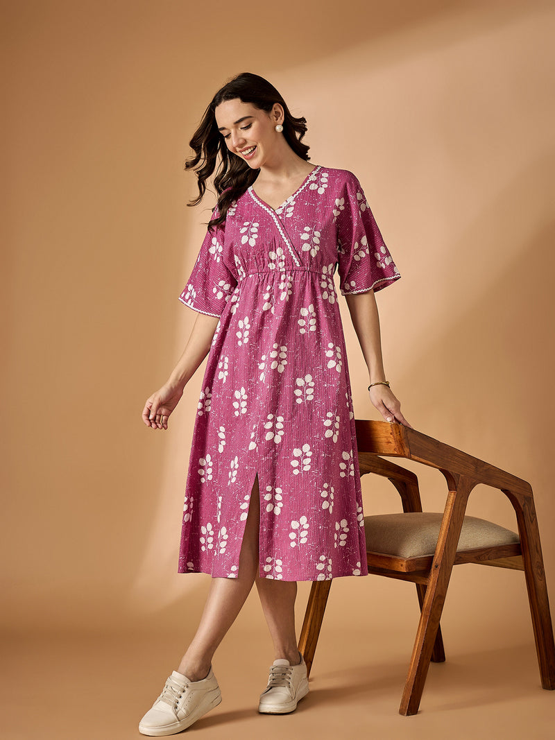 Pink V neck Fit & Flared Dress