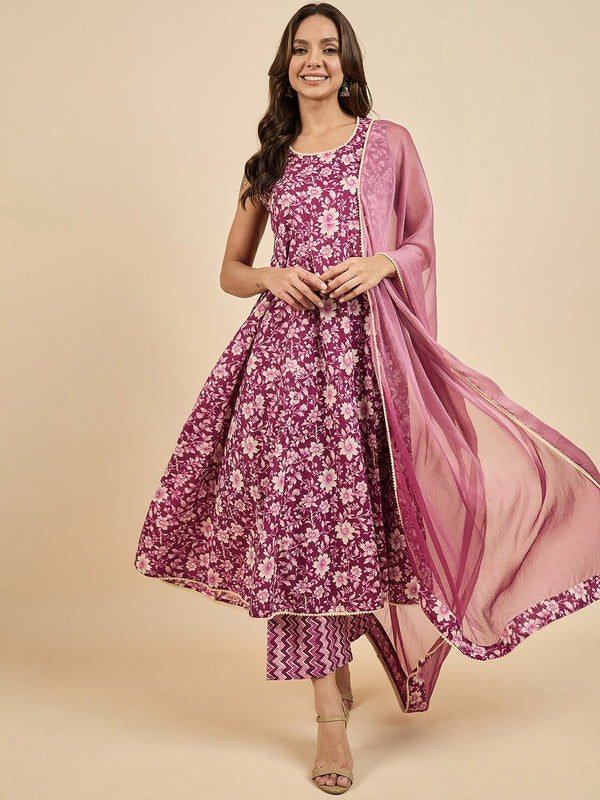 Floral Printed Kurta With Palazzo & Dupatta Set