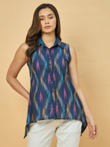 Azira Printed Blue  Top | Shirt Collar | Sleeveless