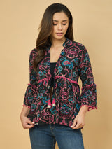 Azira Cotton Women Black & Pink Floral Printed Ethnic Jacket For Women