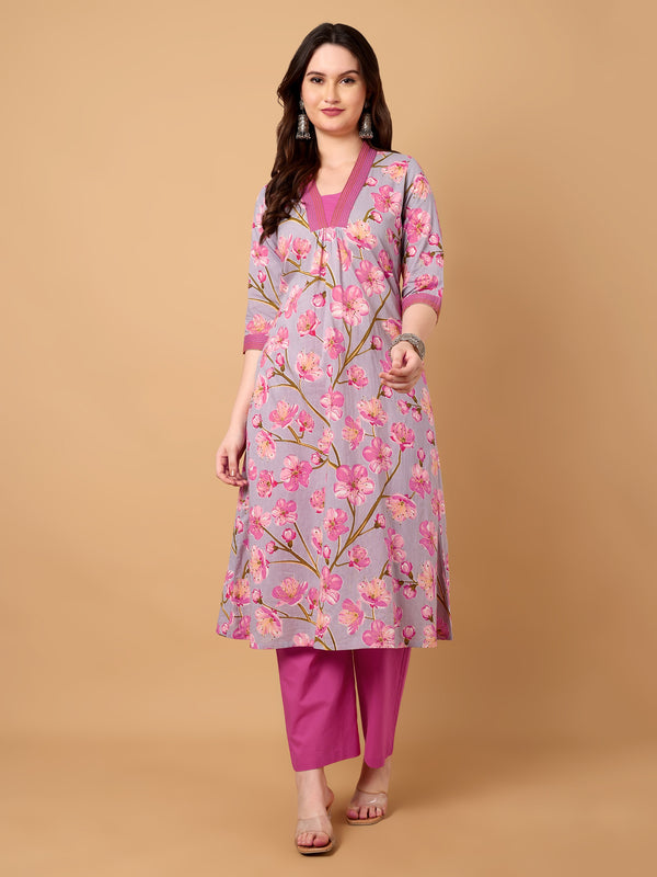 V-Neck Floral Printed  Kurta With Palazzo Set