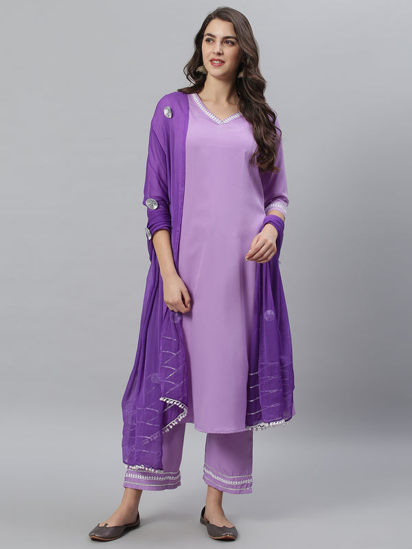 Lavender Solid A-Line Kurta Palazzo and Dupatta Set