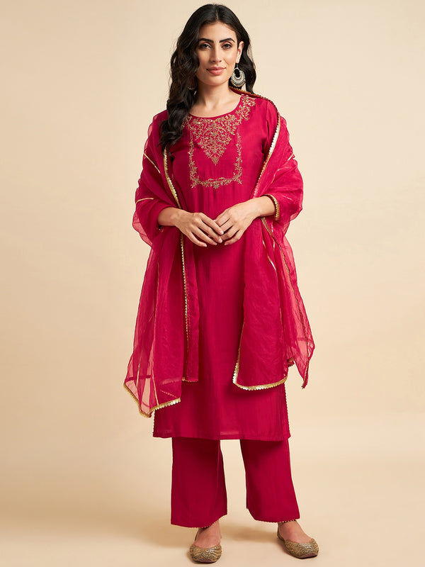 Fuchsia Rayon Silk Straight Calf Length Kurta With Palazzo Dupatta Set