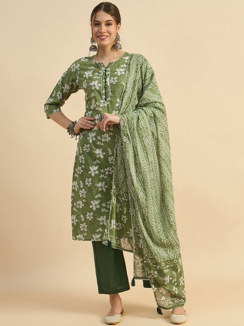 Floral Printed Straight Kurta With Palazzo & Dupatta Set