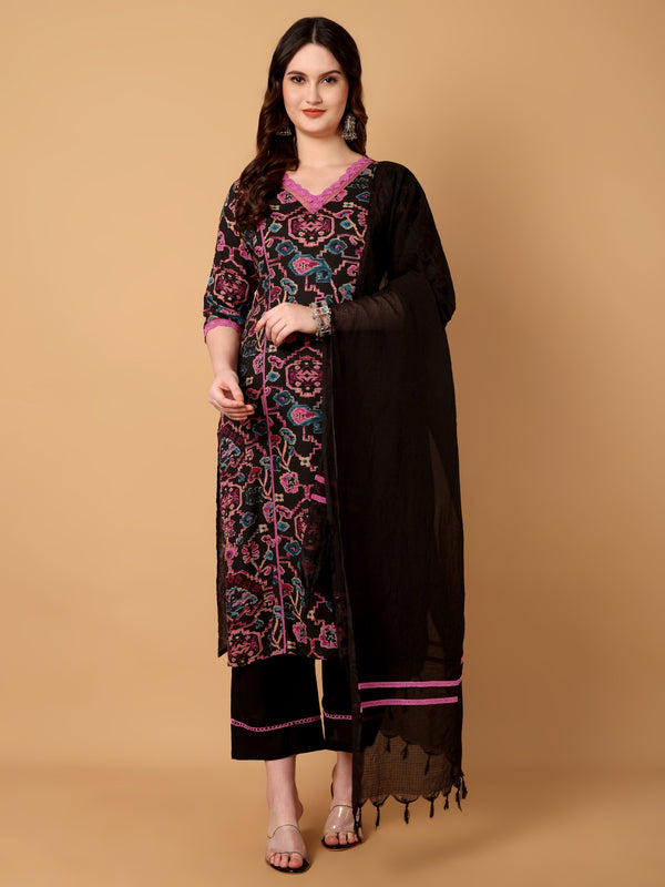 V Neck Printed Kurta Palazzo With Dupatta Set