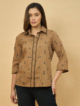 Azira Printed Brown Shirt with Lace Embellishment | Shirt Collar