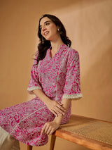 Pink Floral Printed A-Line Kurta