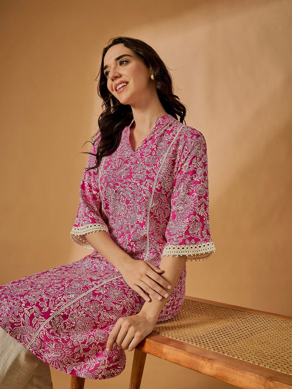 Pink Floral Printed A-Line Kurta